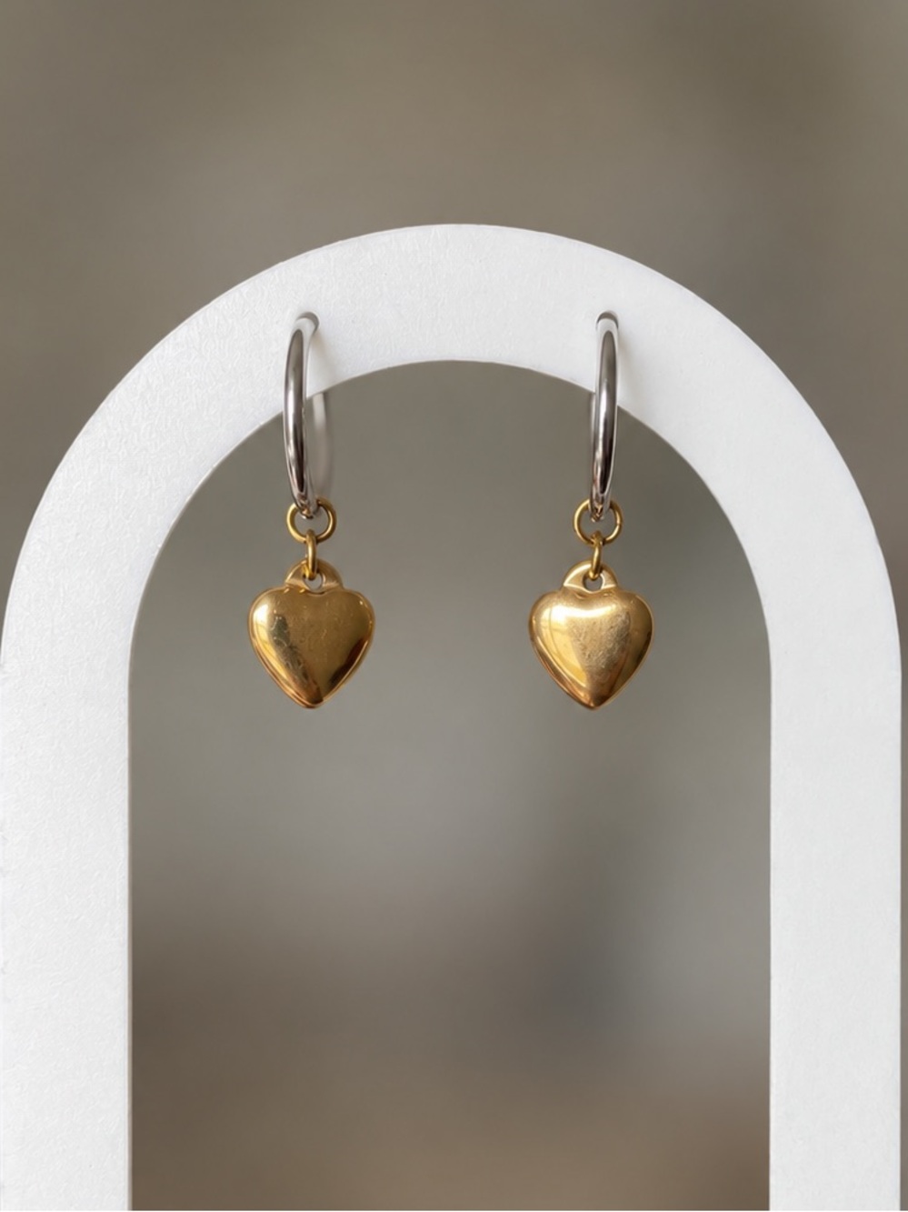 18K Gold PVD Mixed Metal Heart Charm Huggie Earrings